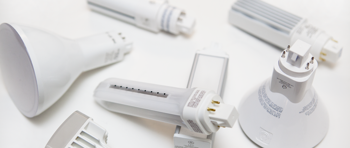 7 different Multi-Pin Base LED Replacement Lamps varying in size and shape