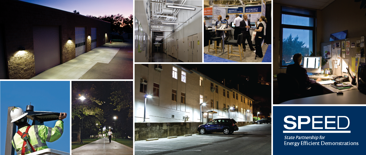 SPEED State Partnership for Energy Efficient Demonstrations (Image collage of exteriors, interiors with groups of people, nighttime park lighting, and electricians working on light posts)