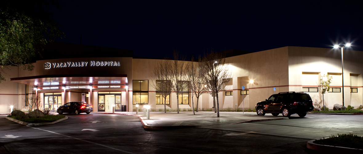 Exterior of NorthBay VacaValley Hospital at night, Vacaville, California