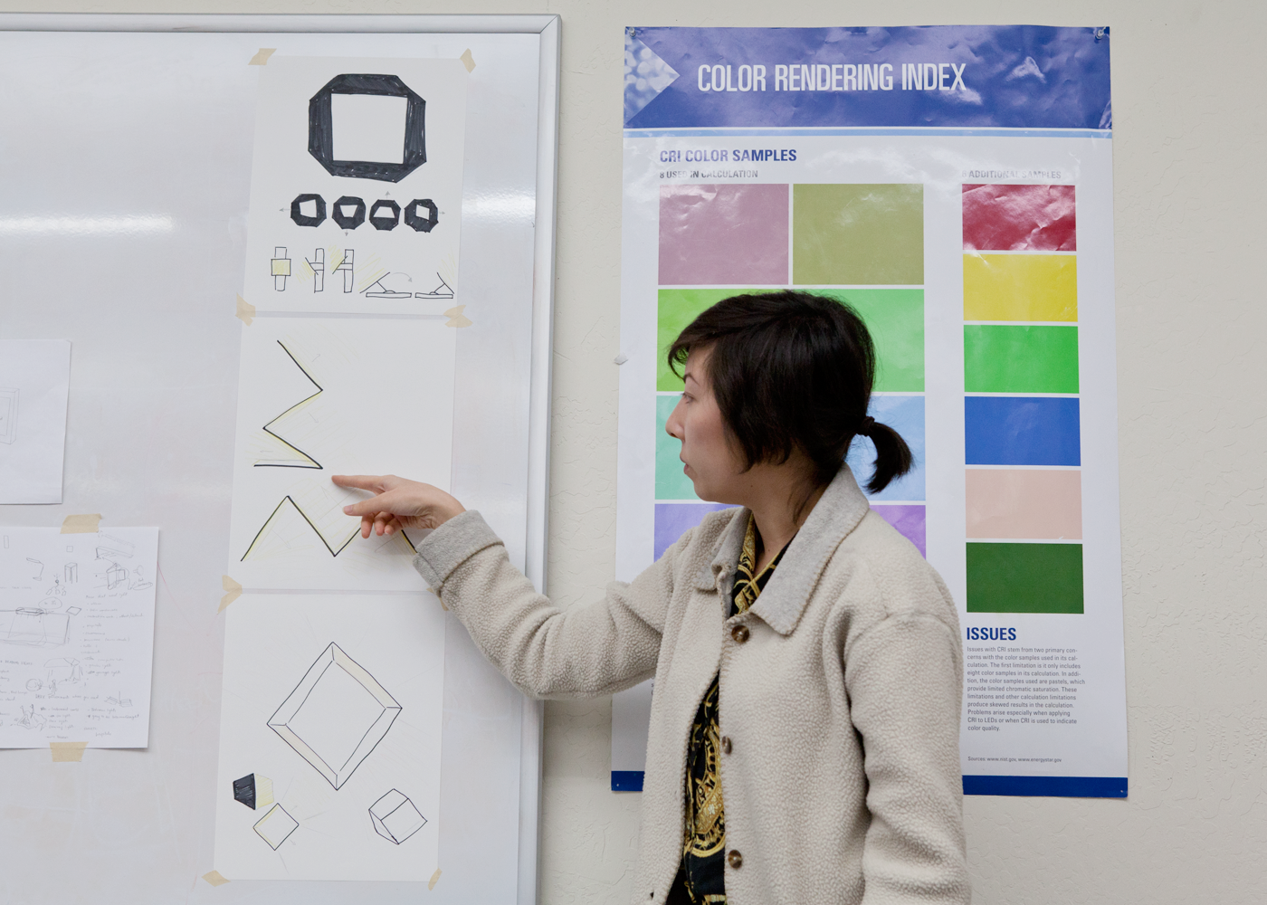 Person pointing at a sketch taped to a white board