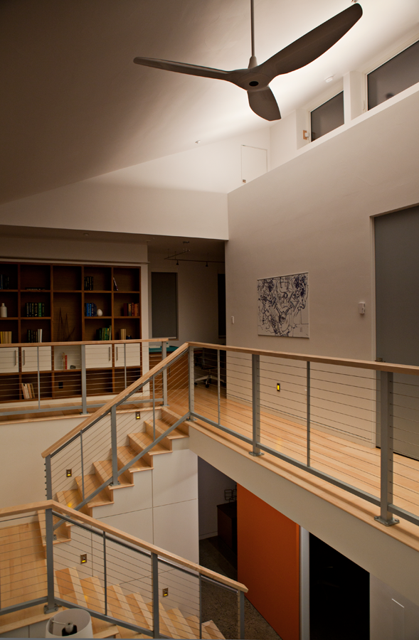 Aerial view from the second floor of the Honda Smart House during the evening with warmer light