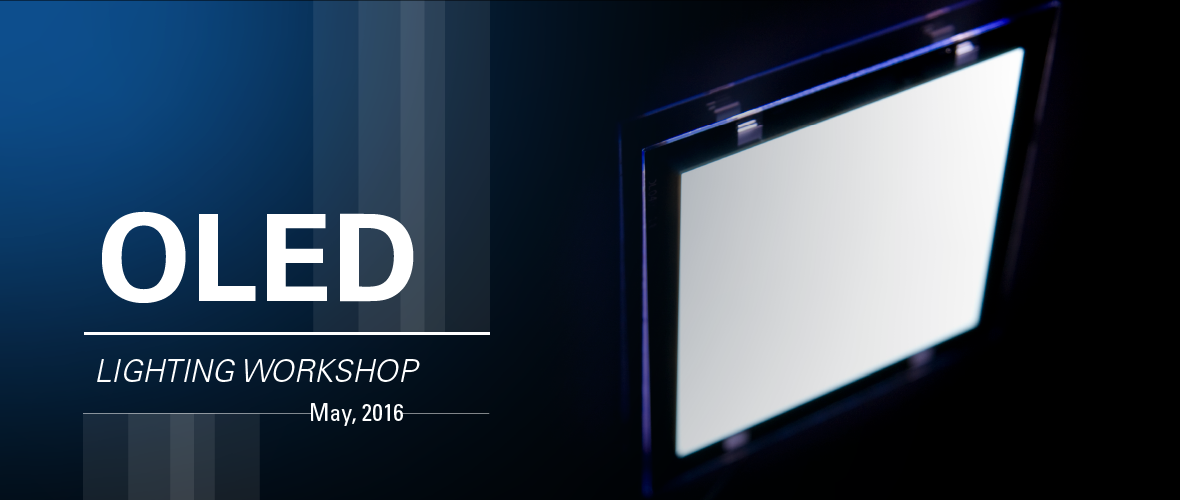 OLED Lighting Workshop May 2016 (An image of an OLED light fixture on the right)