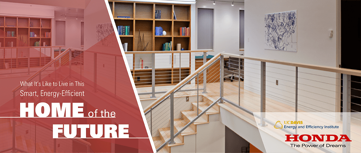 What it's like to live in this smart, energy-efficient home of the future (An image of the interior of the smart Honda home. with a stair case and a book shelf)