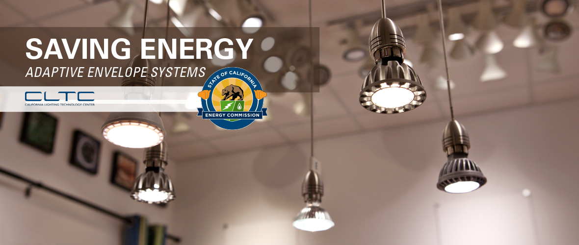 Saving Energy: Adaptive Envelope Systems (Close up of five hanging ceiling lights with paintings blurred in the background)