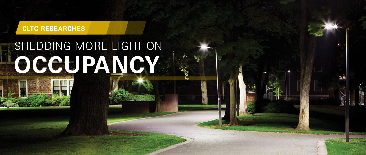 CLTC Researches Shedding More Light on Occupancy (UC Davis campus lit up at night with trees and light posts)
