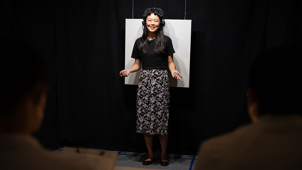 As part of an experiment for The Color Lab, student Veronica Then attempts a public speaking exercise for five minutes.