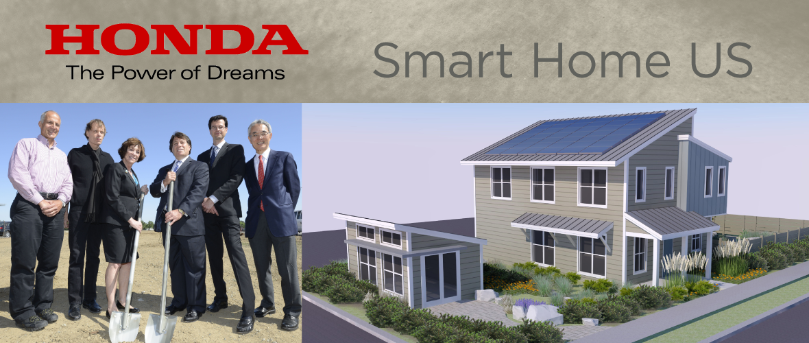 Honda "The Power of Dreams" Smart Home US (To the left a group of six people standing shoulder to shoulder with the two in the middle holding shovels, and to the right a rendering of the house design)