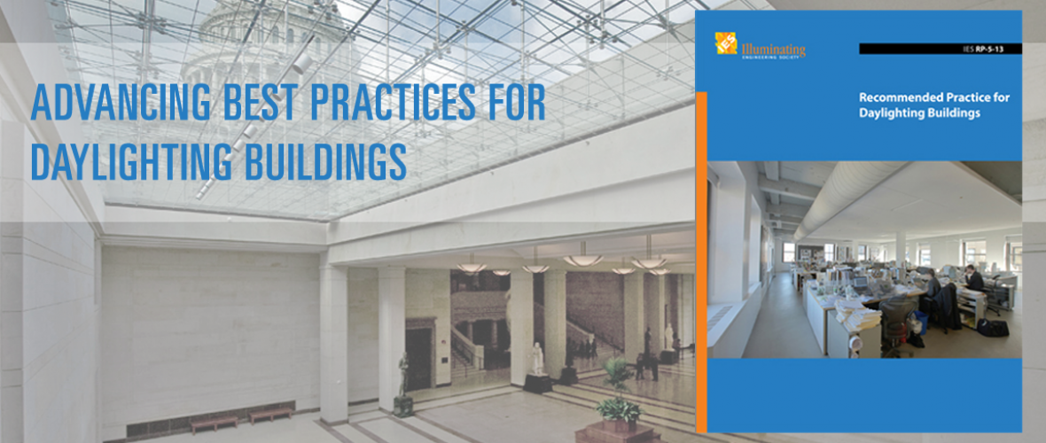 Advancing best practices for daylighting buildings and the cover of recommended practices for daylighting buildings with an image of row of office desks on the cover