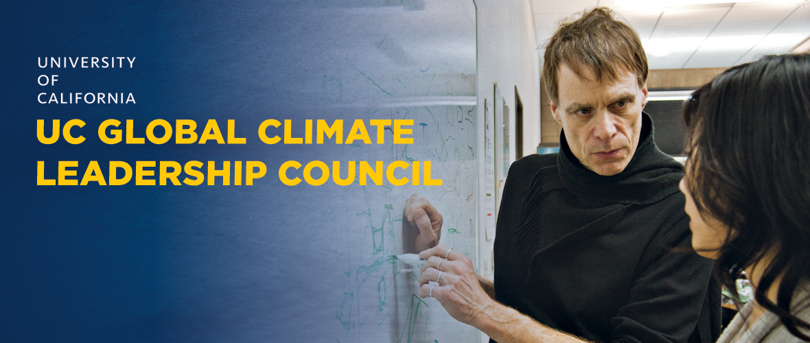 UC Global Climate Leadership Council (An image of two people writing on a white board and discussing the information)