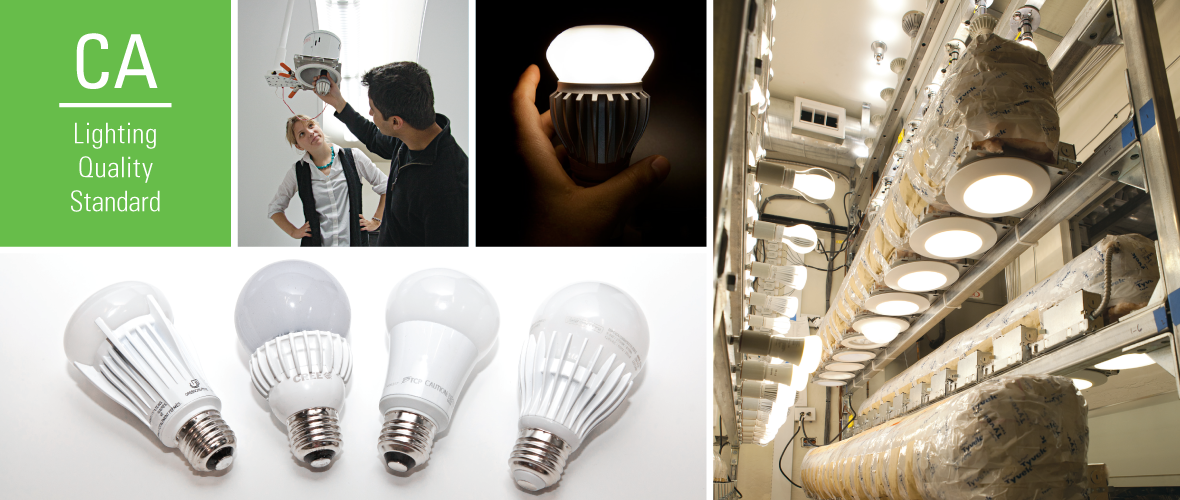 CA Lighting Quality Standards. (Image collage of different lightbulbs, lighting fixtures still wrapped in packaging and two people looking at a lighting fixture) 