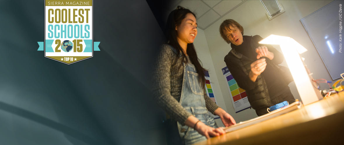 Sierra Magazine Top 10 Coolest Schools 2015. (Two people looking at a lighting fixture)
