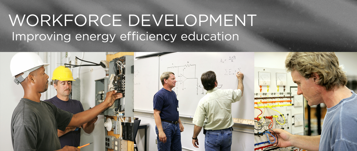 Workforce development improving energy efficiency education (a collage of three images, two electricians looking at a fuse box, two people writing equations on a white board, and one person looking at electrical wires) 