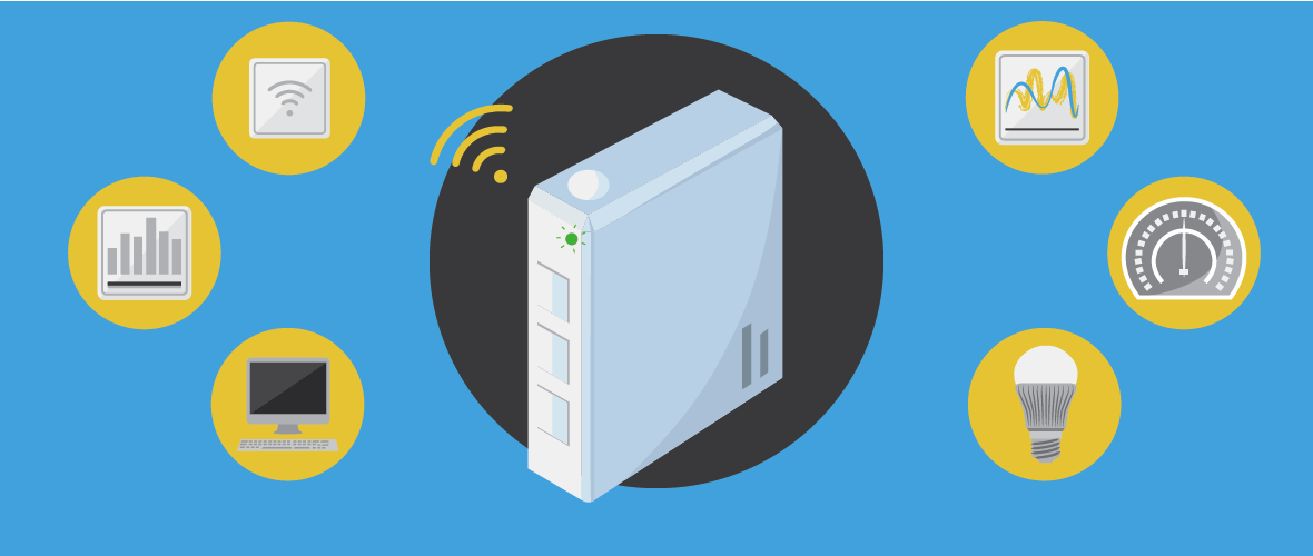 Graphic with multiple different illustrations of technology such as a wifi symbol, computer, light bulb, etc. 