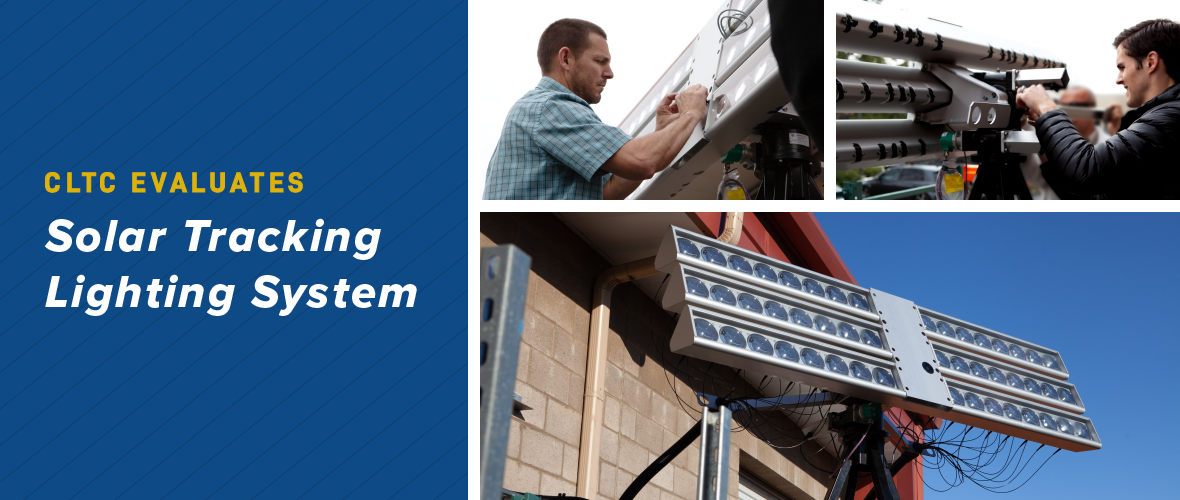 CLTC Evaluates Solar Tracking Lighting System (An image collage of two engineers working on a lighting system)