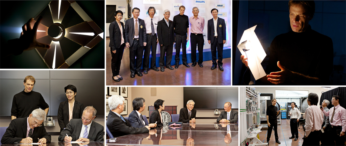 An image collage of six different photos of CLTC and APEC employees interacting and showing off different lighting innovations