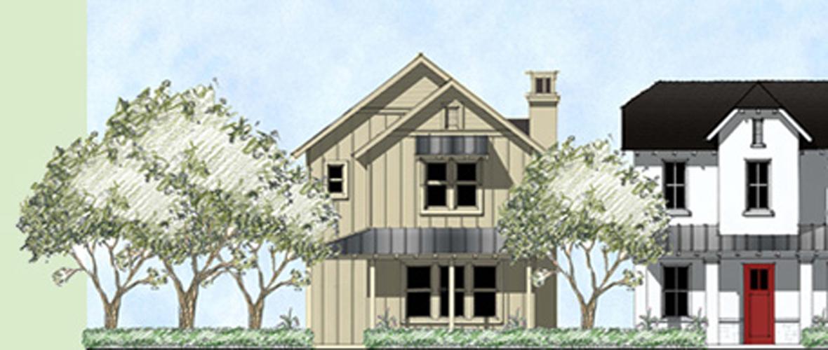 Sketch of two houses surrounded by trees