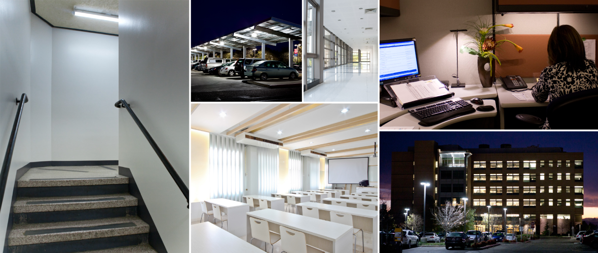 An image collage of a stair well, a parking lot with solar panels, a hallway, a classroom with all white, a person sitting at a desk with a computer, and the outside of a five story building
