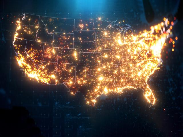 Night Map of USA with City Lights Illumination